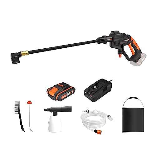 WORX WG620E.2 Akku Hochdruckreiniger Hydroshot 20V – Mobiler Hochdruckreiniger inkl. Multi-Sprühdüse, Waschbürste, Schaumdüse, Flaschenadapter, 6m Schlauch, Ladegerät & 20V Li-Ion Akku